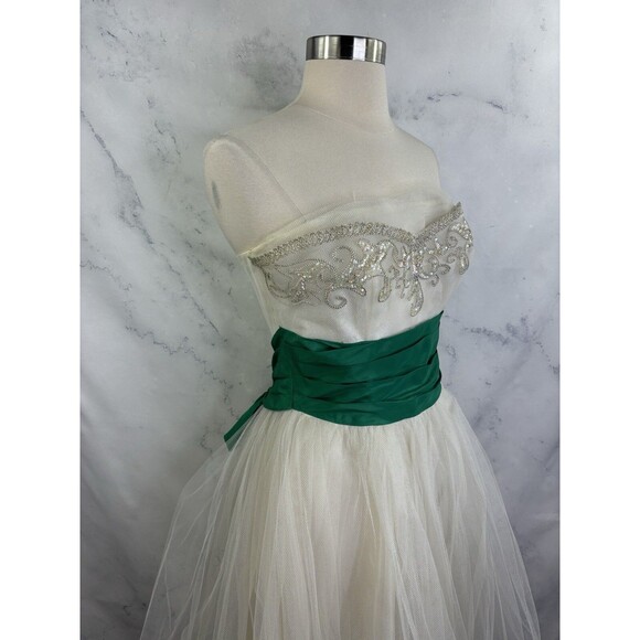 Vintage 1950s Cupcake Prom Dress SZ XS Gown Tulle Strapless white green sequence - Picture 16 of 16
